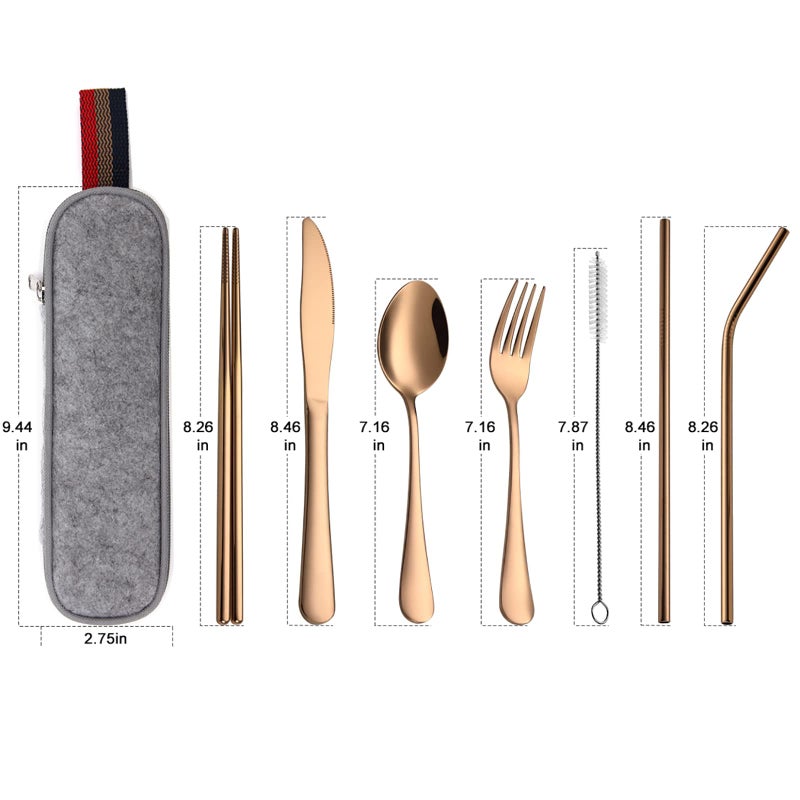 DEVICO Portable Utensils, Travel Camping Cutlery Set, 8-Piece including Knife Fork Spoon Chopsticks Cleaning Brush Straws Portable Case, Stainless Steel Flatware set (Rose Gold) - Image 2